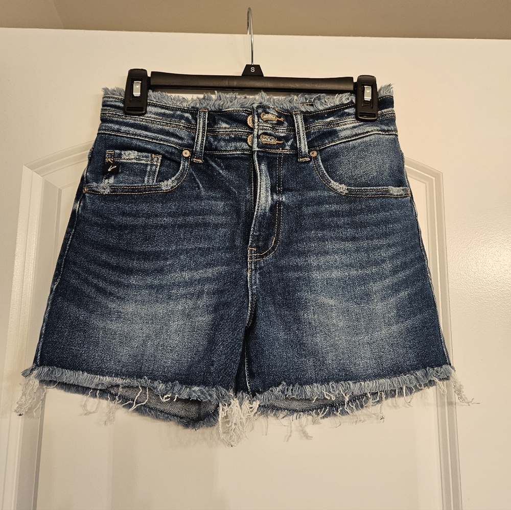 KanCan Dark Blue High-Rise Double-Button Frayed Hem Jean Short